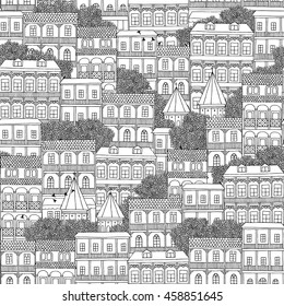 Hand drawn seamless pattern of Georgian style houses with balconies (Tbilisi)