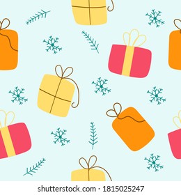 Hand drawn seamless pattern with gift boxes and snowflakes. Flat illustration for Christmas design, print, wrapping.