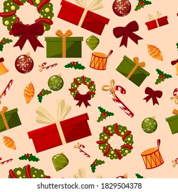 Hand drawn seamless pattern. Gifts, wreath, bow, sweets, decor.  Ideal for wallpaper, textile, backdrop, wrapping paper. Pattern design. Holiday new year christmas style.