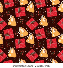 Handgezeichnetes nahtloses Muster mit Geschenkboxen. Vektorgrafik zu Weihnachten.