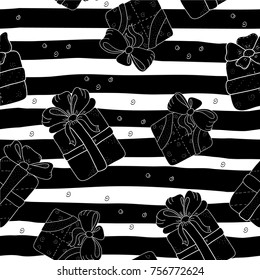 Hand drawn seamless pattern with gifts in cartoon style