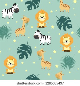 Hand drawn seamless pattern with giraffe,lion,zebra,leaf and star