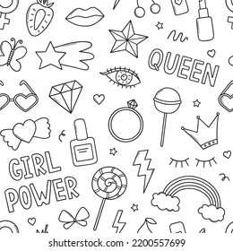 Hand drawn seamless pattern of Girl power doodle. Feminist elements and girls party in sketch style. Vector illustration