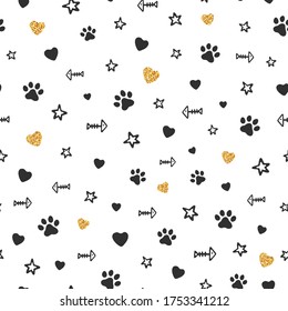 Hand drawn seamless pattern of glitter gold hearts and cute cat's paws, stars, hearts, fish skeleton. Funny doodle sketch Illustration for greeting card, invitation, wallpaper, wrapping paper, fabric
