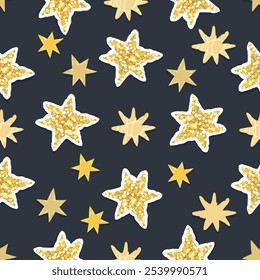 Padrão sem costura desenhado à mão com estrelas brilhantes.Fundo festivo com elementos de textura.Objetos amarelos em azul escuro.Impressão colorida em tecido e papel.Design vetor para papel de parede têxtil, interminável.