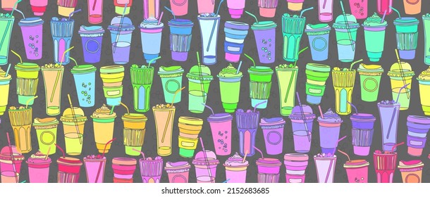 Hand drawn seamless pattern with to go cups and glasses various shapes bright acid colors and bubbles on background. Bright summer funny repeatable backdrop.