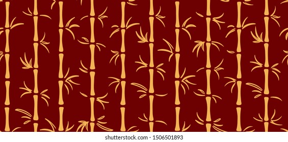 Hand drawn seamless pattern with gold bamboo on red background in oriental style. Concept for Chinese New Year holiday banner, print, packaging, wrapping paper. Flat style design. Vector illustration.