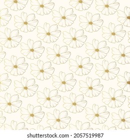 Hand drawn seamless pattern with gold cosmos flower. Vector background for textile and wrapping paper.