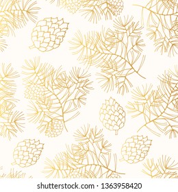 Hand drawn seamless pattern with golden pine branches and cones. Vector Christmas gift gold wrapper background. 