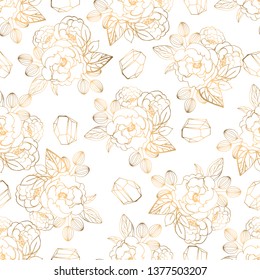 Hand drawn seamless pattern with golden jewerly and floral elements. Can be used as texture for fabric,as background for gift cards, in web design, as pattern for wallpaper and etc
