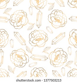 Hand drawn seamless pattern with golden jewerly and floral elements. Can be used as texture for fabric,as background for gift cards, in web design, as pattern for wallpaper and etc