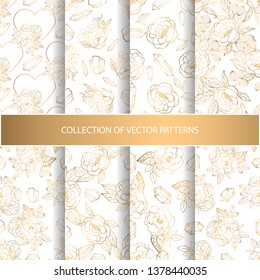 Hand drawn seamless pattern with golden floral element and jewerly. Can be used as texture for fabric, as wedding decor, as background for gift cards, in web design, as pattern for wallpaper and etc