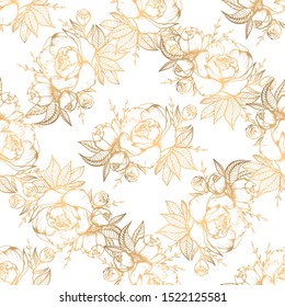 Hand drawn seamless pattern with golden floral elements. Can be used as texture for fabric,as background for gift cards, in web design, as pattern for wallpaper and etc