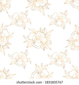 Hand drawn seamless pattern with golden bouquet of rose