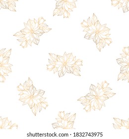 Hand drawn seamless pattern with golden bouquet of poansettia. Vector illustration