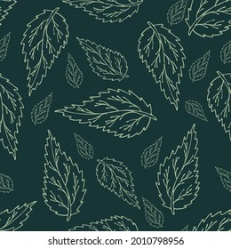 Hand drawn seamless pattern with golden leaf outline on a green background. For textiles, notebook covers, cards and other printed products. Vector illustration. 