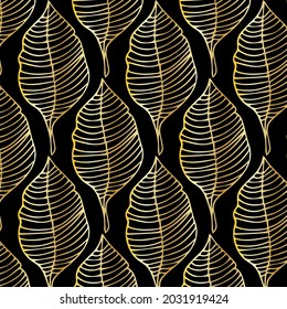 Hand drawn seamless pattern with golden elegant leaves isolated on black background. Doodle line ornament. Vector illustration.