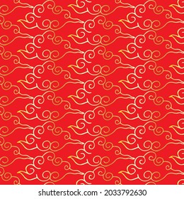 Hand drawn seamless pattern with golden clouds isolated on red background. Elegant beautiful ornament. Vector illustration.