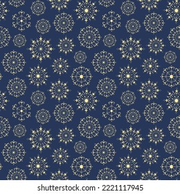 Hand drawn seamless pattern of golden decorative Christmas snowflakes. Vector sketch elements. Christmas ornamental illustration for greeting card, wallpaper, wrapping paper, fabric, packaging