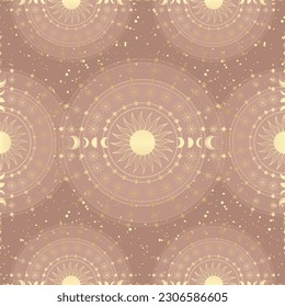 Hand drawn seamless pattern of golden Sun, Moon, stars. Mystical celestial circle galaxy space with sun rays. Magic vector sketch illustration for greeting card, wallpaper, wrapping paper, fabric