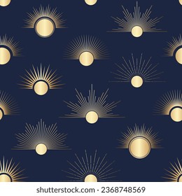 Hand drawn seamless pattern of golden sunburst, starburst, light rays, bursting sun rays. Magic talisman, antique style, boho. Vector illustration for greeting card, wallpaper, wrapping paper, fabric