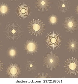 Hand drawn seamless pattern of golden Sun, sunburst, starburst, light rays, bursting sun rays. Magic talisman, antique style. Vector illustration for greeting card, wallpaper, wrapping paper, fabric