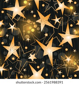 Hand drawn seamless pattern with golden stars with bokeh on dark background