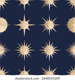 Hand drawn seamless pattern of golden Sun, star. Magic bohemian symbol bursting sun rays. Mystical circle talisman, antique style, boho. Vector illustration for wallpaper, wrapping paper, fabric