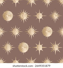 Hand drawn seamless pattern of golden Sun, star. Magic bohemian symbol bursting sun rays. Mystical celestial talisman, antique style, boho. Vector illustration for wallpaper, wrapping paper, fabric