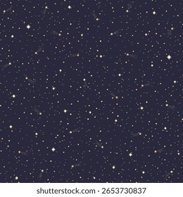 Padrão sem costura desenhado à mão de estrelas douradas. Céu noturno azul mágico, céu estrelado brilhante. Símbolo místico cósmico, astrologia, espaço galáctico. Ilustração vetorial para papel de parede, papel de embrulho, tecido
