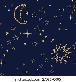 Hand drawn seamless pattern with golden stars, the sun and the moon on the dark blue night sky. Seamless Textile Design For Printing. Vector illustration.