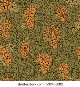 Hand drawn seamless pattern grape background. Green leaves, orange bunches. Food and drinks