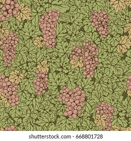 Hand drawn seamless pattern grape background. Green leaves, pink bunches. Food and drinks