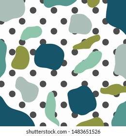 Hand drawn seamless pattern green doodle on polka dot background.