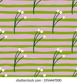 Hand drawn seamless pattern with green contoured berry branches ornament. Green striped background. Decorative backdrop for fabric design, textile print, wrapping, cover. Vector illustration.