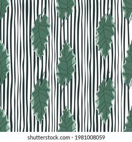 Patrón sin costuras dibujado a mano con hojas de roble verde al estilo de doodle. Fondo rayado blanco y negro. Fondo decorativo para el diseño de tejidos, impresión textil, envoltura, cubierta. Ilustración vectorial.