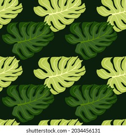 Patrón sin fisuras dibujado a mano en tonos verdes con formas doodle monstera impresas. Obra de arte natural. Fondo decorativo para el diseño de tejidos, impresión textil, envoltura, cubierta. Ilustración vectorial.