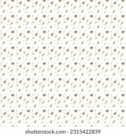 hand drawn seamless pattern green and orange leaves different forms on chessboard. Vector flat illustraton