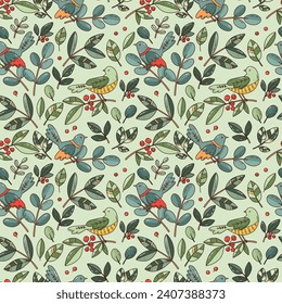 hand drawn seamless pattern with green leaves and cartoon birds. bright and cute illustration for print, postcards and background