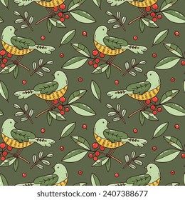 hand drawn seamless pattern with green leaves and cartoon birds. bright and cute illustration for print, postcards and background