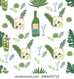 Hand drawn seamless pattern with green bottle and cocktails