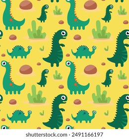Hand drawn seamless pattern with green dinosaurs. Perfect for kids fabric, textile, nursery wallpaper. Cute dino design. Vector illustration