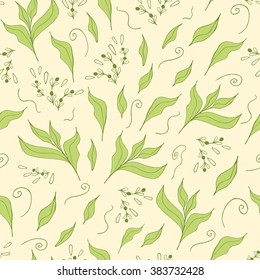 Hand drawn seamless pattern with green tea leaf. Background made in doodle style for tea house or tea company.