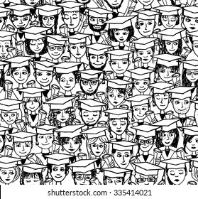 Hand drawn seamless pattern of a group of cartoon students with graduation caps and their degree in their hands - black and white illustration