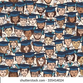 Hand drawn seamless pattern of a group of cartoon students with graduation caps and their degree in their hands