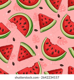 Hand drawn seamless pattern of half cut watermelon slices with black seeds and plants, summer fruit watermelon in triangle slices pattern