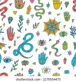 Hand drawn seamless pattern. Halloween. Doodle boho style. Witchcraft print. Mystical esoteric background. Vector illustration