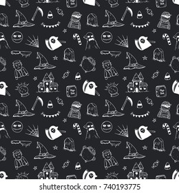 hand drawn seamless pattern of halloween character and attribute on black background