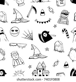 hand drawn seamless pattern of halloween character and attribute