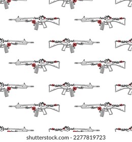 Patrón sin fisuras dibujado a mano con pistola. Arma con fondo vectorial de flores.